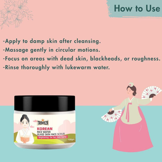 Trovieza Korean Rice water Glass Skin Face Scrub for Brightening skin, de tan & anti aging, for face & Body, Exfoliating, cleans pores, Moisturizing, 100gm